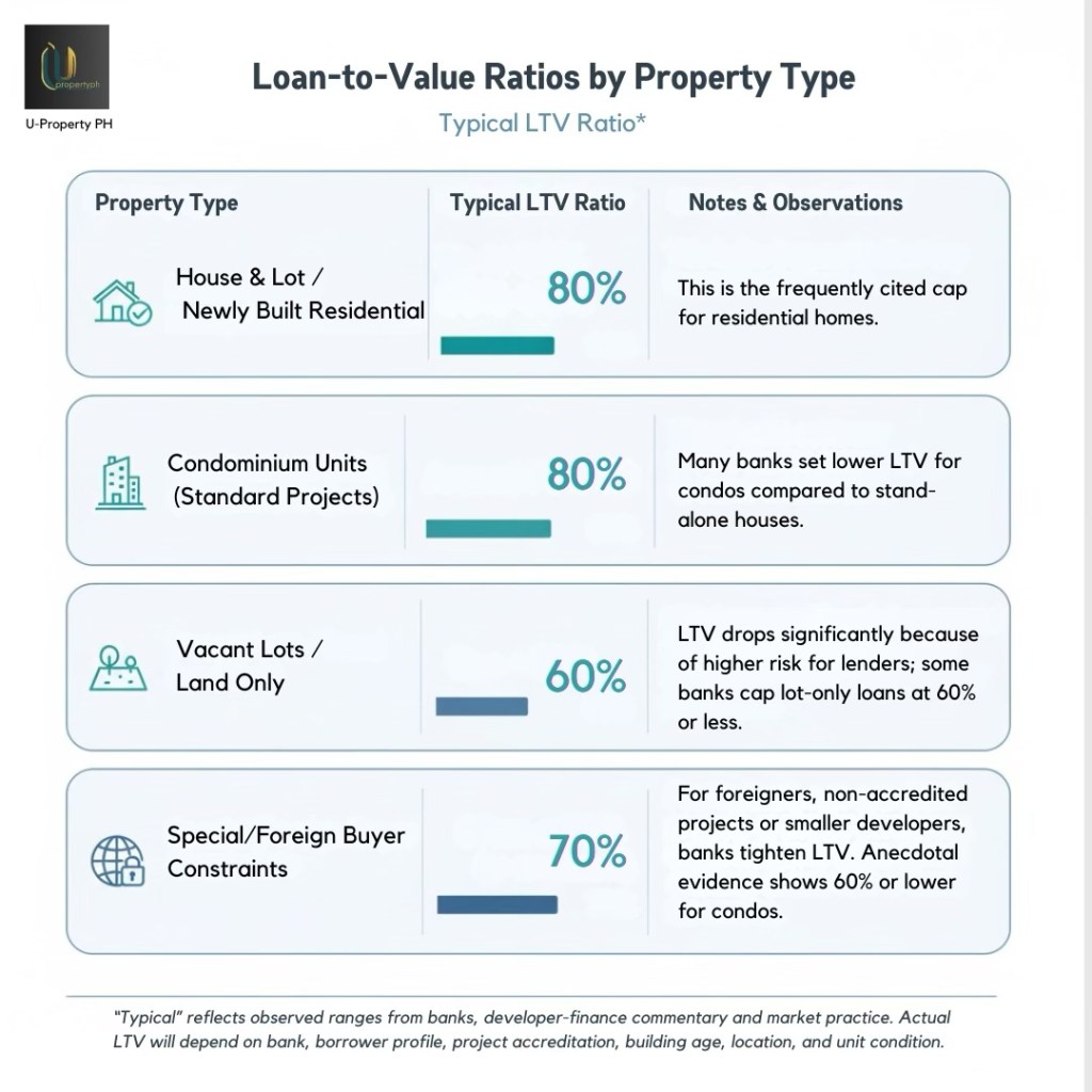 Infographic detailing loan-to-value ratios by property type in the Philippines, with categories for house and lot, condominium units, vacant lots, and special constraints for foreign buyers.