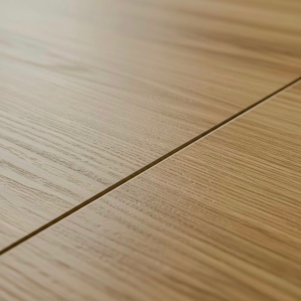 Close-up of smooth, light-colored engineered wood flooring showing fine grain textures and seams.