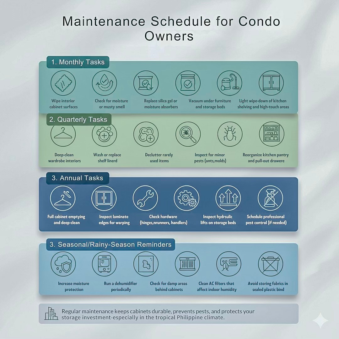 Infographic outlining a maintenance schedule for condo owners, including monthly, quarterly, annual tasks, and seasonal reminders to prevent pests and moisture issues.