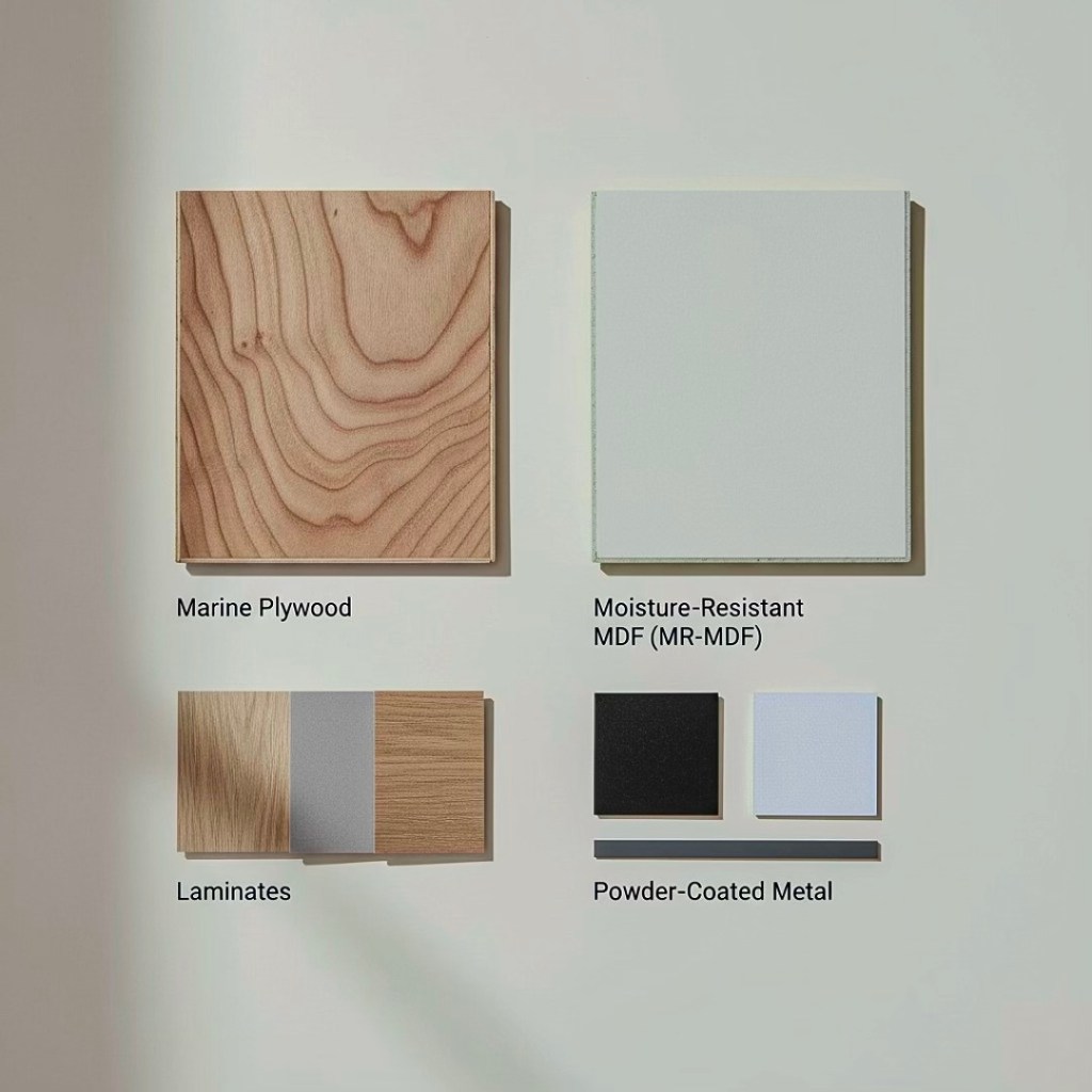 Display of various materials including marine plywood, moisture-resistant MDF, laminates, and powder-coated metal.