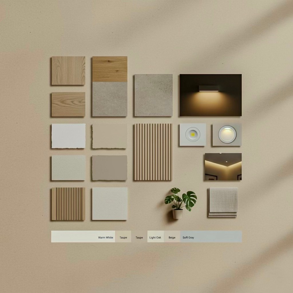 A mood board showcasing various flooring and wall finish samples, including wood, tiles, and color swatches in warm tones such as warm white, taupe, light oak, beige, and soft gray, with a small plant and fabric swatches for texture.