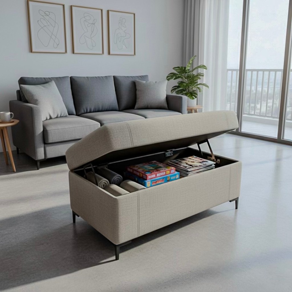 A cozy living room featuring a gray sofa with decorative cushions, a coffee table, and a storage ottoman opened to display rolled towels and books, alongside a potted plant and large windows.