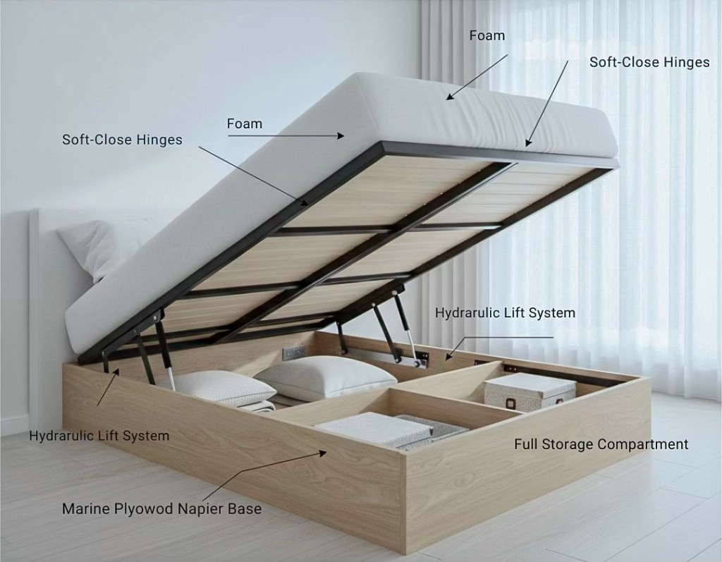A bed with a lifted mattress showing a full storage compartment underneath, featuring a hydraulic lift system and soft-close hinges.