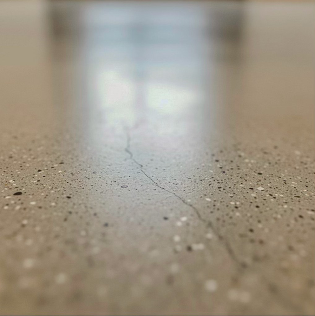 Close-up view of a polished concrete floor showing a fine crack and speckles of color in a contemporary setting.