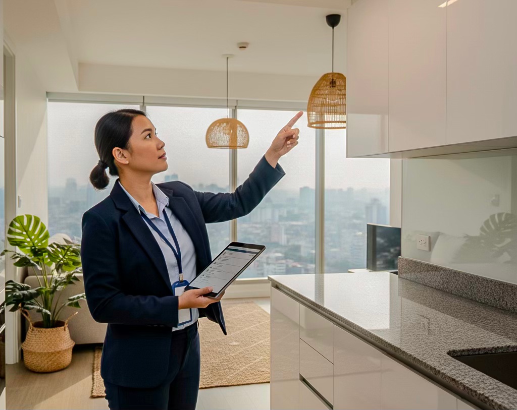 A professional woman in a suit stands in a modern kitchen, pointing towards a hanging light fixture while holding a tablet. Large windows in the background showcase a cityscape.