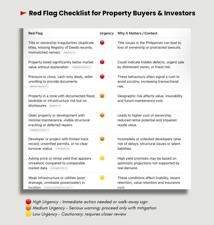 A red flag checklist for property buyers and investors in the Philippines, detailing various concerns such as title irregularities, property value discrepancies, and risks associated with documented flood zones.