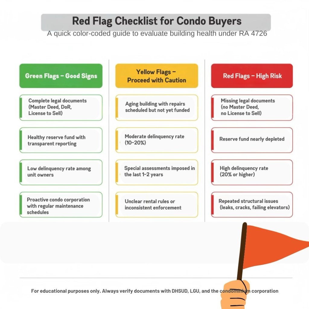A visual checklist featuring three sections: 'Green Flags - Good Signs', 'Yellow Flags - Proceed with Caution', and 'Red Flags - High Risk'. Each section lists various factors to evaluate building health under RA 4726. Green flags include items like 'Complete legal documents' and 'Healthy reserve fund'. Yellow flags mention 'Aging building with repairs scheduled' and 'Moderate delinquency rate'. Red flags highlight serious issues such as 'Missing legal documents' and 'Reserve fund nearly depleted'.