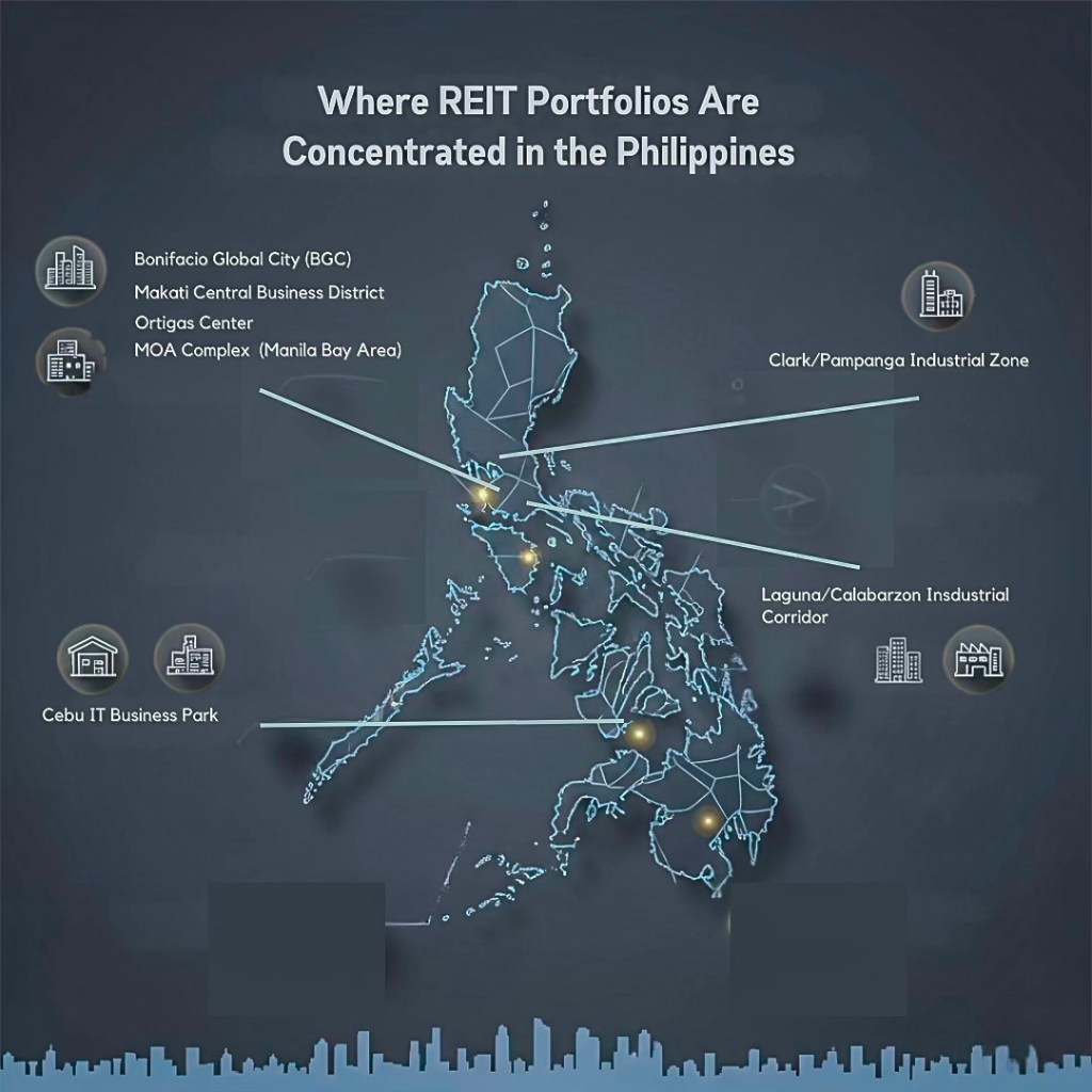 Map showing the concentration of REIT portfolios in the Philippines, highlighting locations like Bonifacio Global City, Makati Central Business District, Ortigas Center, MOA Complex, Clark/Pampanga Industrial Zone, Laguna/Calabarzon Industrial Corridor, and Cebu IT Business Park.