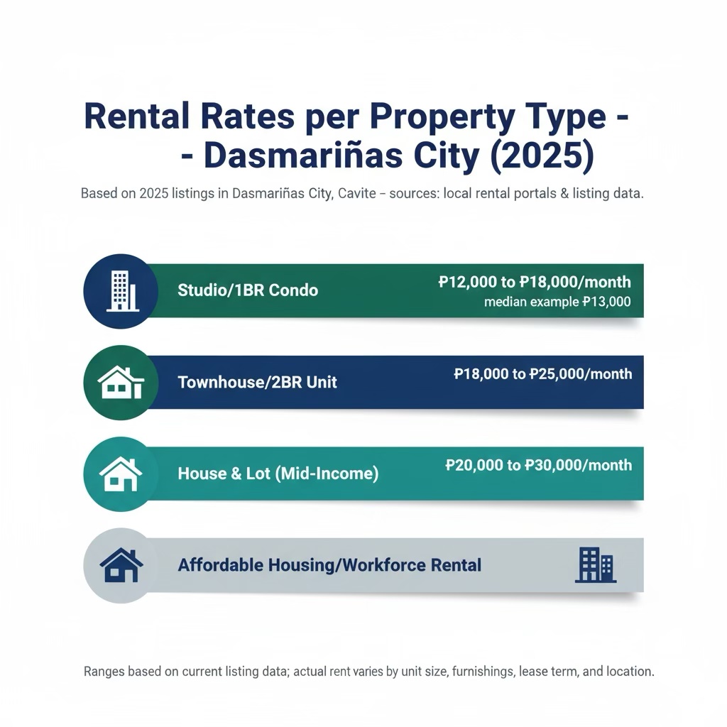 Infographic depicting rental rates per property type in Dasmariñas City for 2025, including price ranges for Studio/1BR condos, Townhouse/2BR units, House & Lot (mid-income), and Affordable Housing/Workforce rentals.