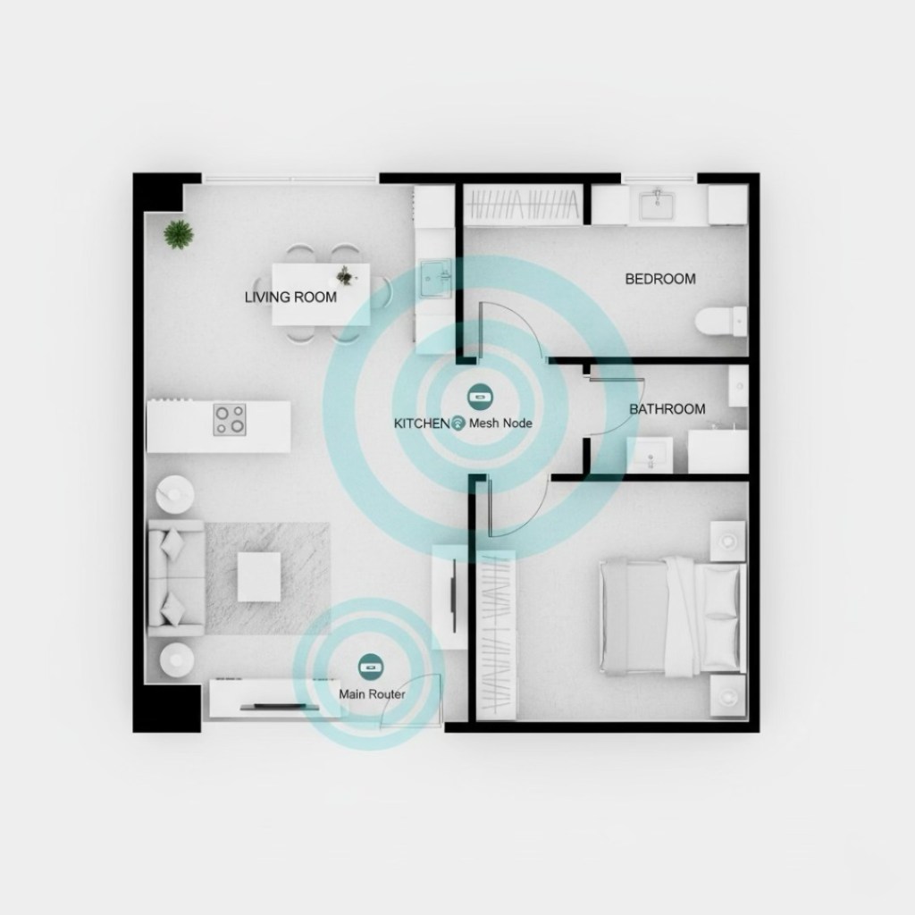 Floor plan of a condo showing living room, bedroom, bathroom, and kitchen, with marked locations for the main router and a mesh node for Wi-Fi coverage.