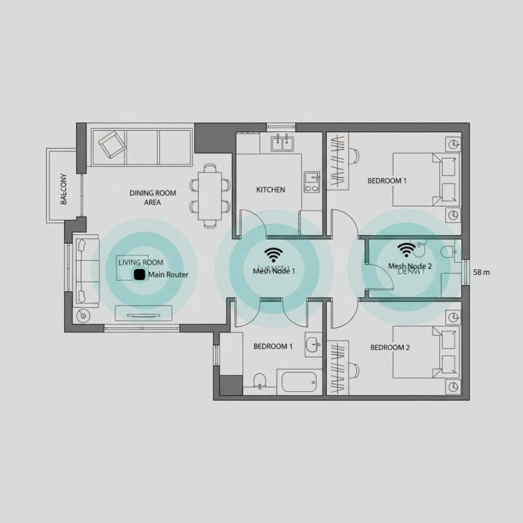 An architectural floor plan of a condo layout, showing the arrangement of rooms including a living room, kitchen, dining area, and bedrooms, with indications for the main router and mesh nodes for Wi-Fi coverage.