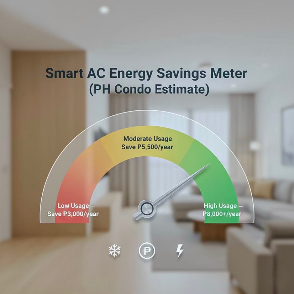 Illustration of a Smart AC Energy Savings Meter with estimated savings for Philippine condos, detailing low, moderate, and high usage categories.