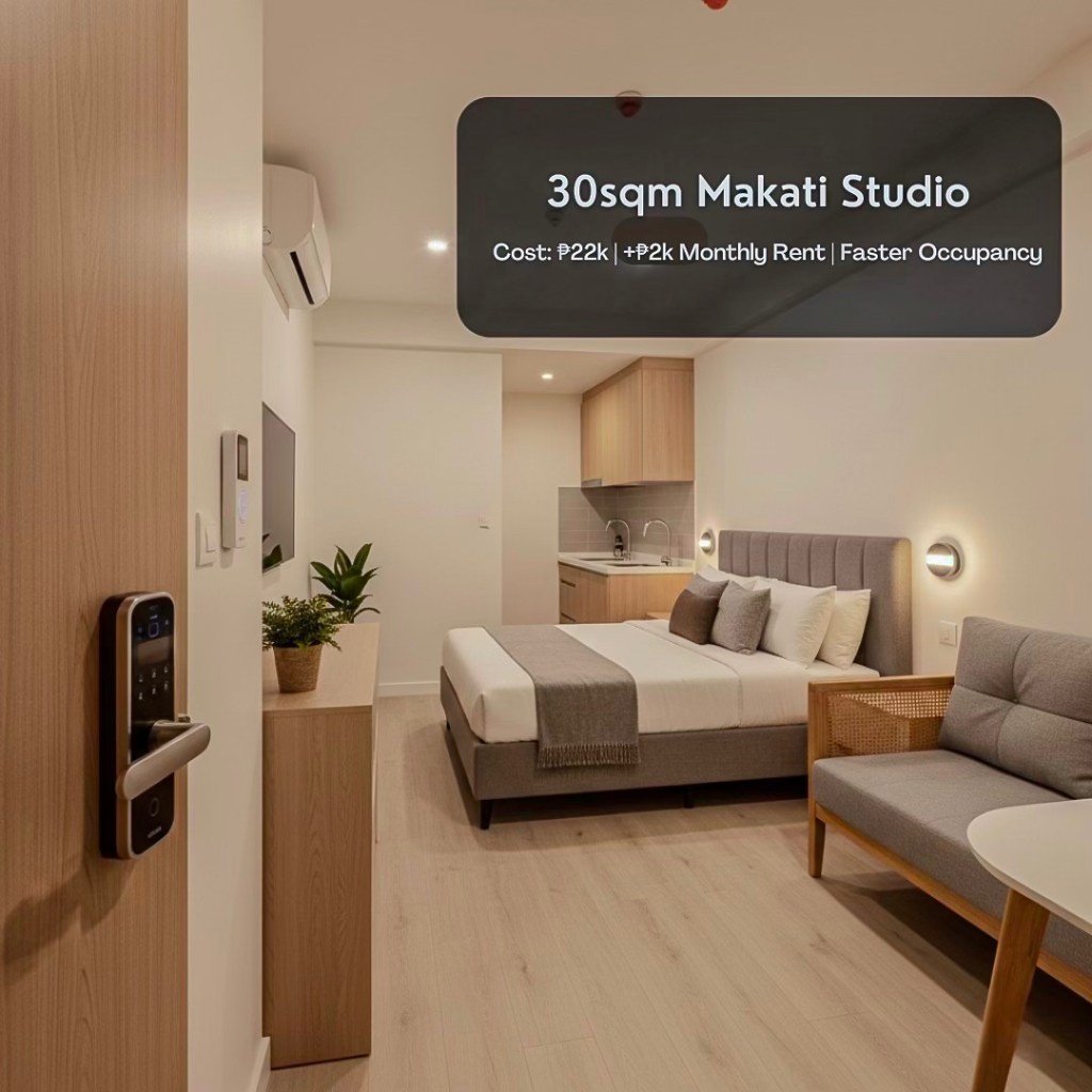 Interior of a modern 30sqm studio in Makati, featuring a smart lock on the entrance, a cozy bed, a small kitchen area, and a minimalist design with natural lighting.