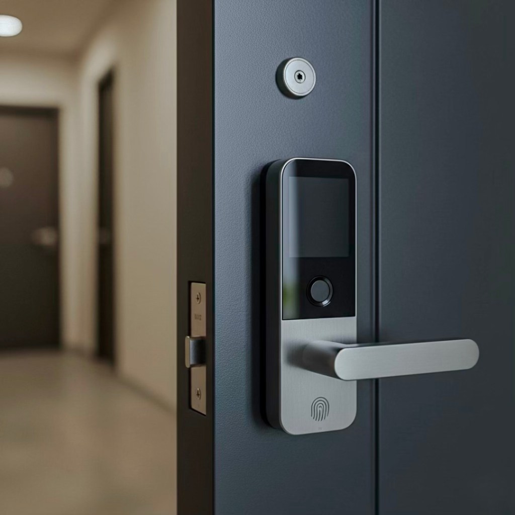 Close-up photo of a smart lock installed on a modern Philippine condominium metal door.