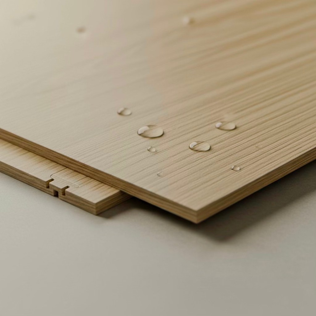 Close-up of engineered wood flooring with water droplets on its surface, showcasing its resistance to moisture.