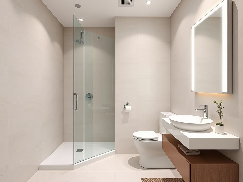 A modern bathroom featuring a frameless glass shower, a wall-mounted sink with a sleek design, and a contemporary toilet, illuminated by soft LED lighting.