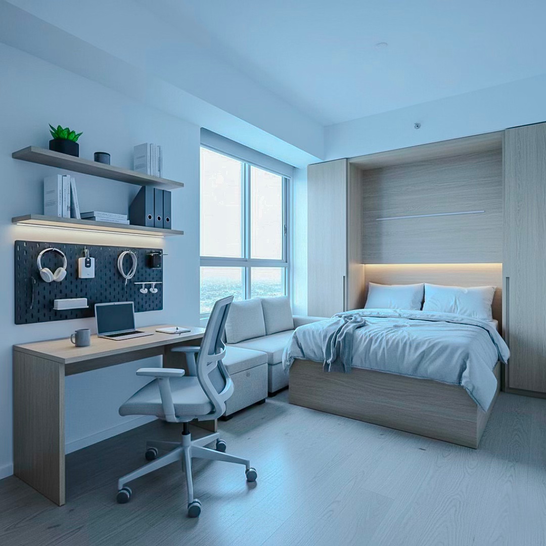 A modern bedroom featuring a bed with light blue bedding, a desk with a laptop and a mug, a comfortable chair, and a cozy sofa. The room has large windows allowing natural light in and contemporary wooden furniture.