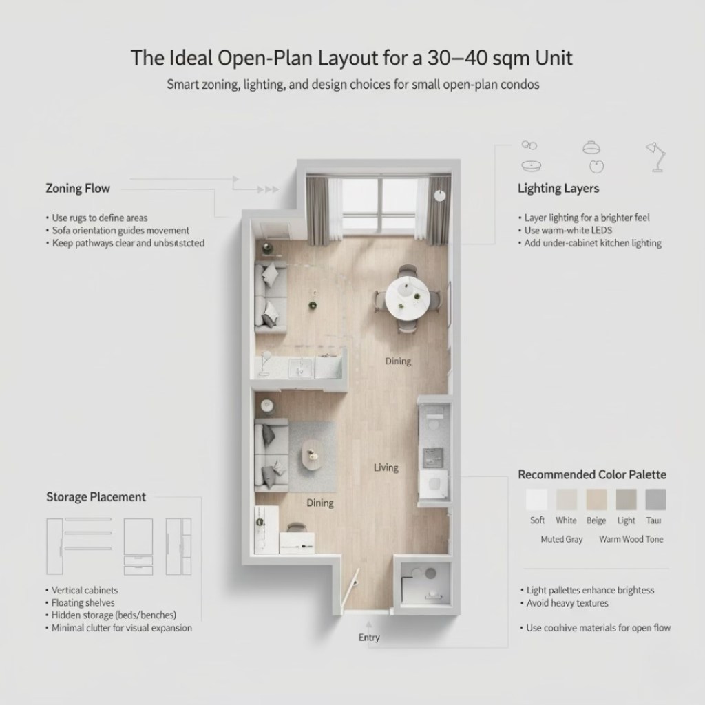 Diagram illustrating an ideal open-plan layout for a 30-40 sqm condo, showcasing smart zoning, lighting layers, and storage placement.
