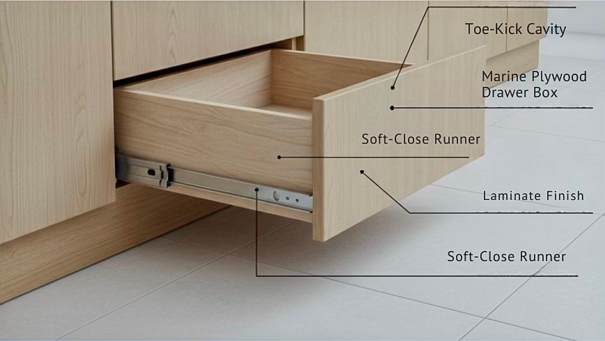 Close-up of a wooden kitchen drawer partially open, showcasing a marine plywood drawer box, soft-close runner, and laminate finish, with annotations for toe-kick cavity and runner mechanism.