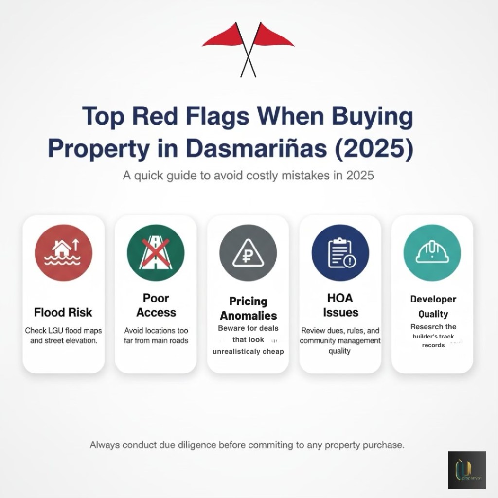 Infographic highlighting the top red flags to consider when buying property in Dasmariñas for 2025, including flood risk, access issues, pricing anomalies, homeowner association concerns, and developer quality.