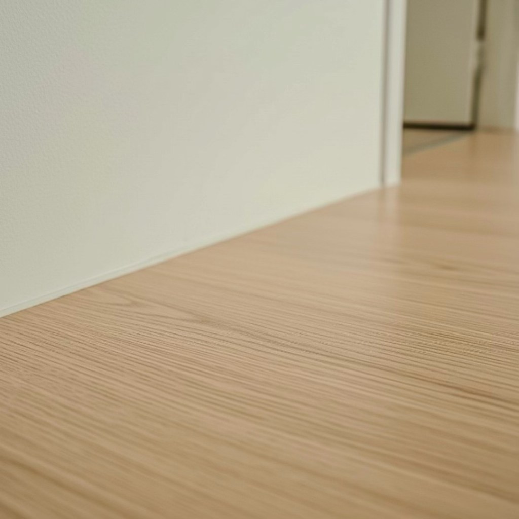 Close-up view of light wooden flooring meeting a white wall, showcasing a clean and modern aesthetic.