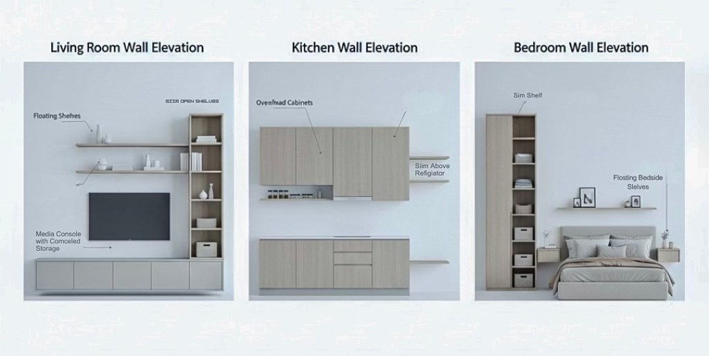 Three architectural illustrations showing wall elevations for a living room, kitchen, and bedroom. The living room features floating shelves and a media console, the kitchen displays overhead cabinets and space for appliances, and the bedroom includes a shelving unit and bedside shelves.