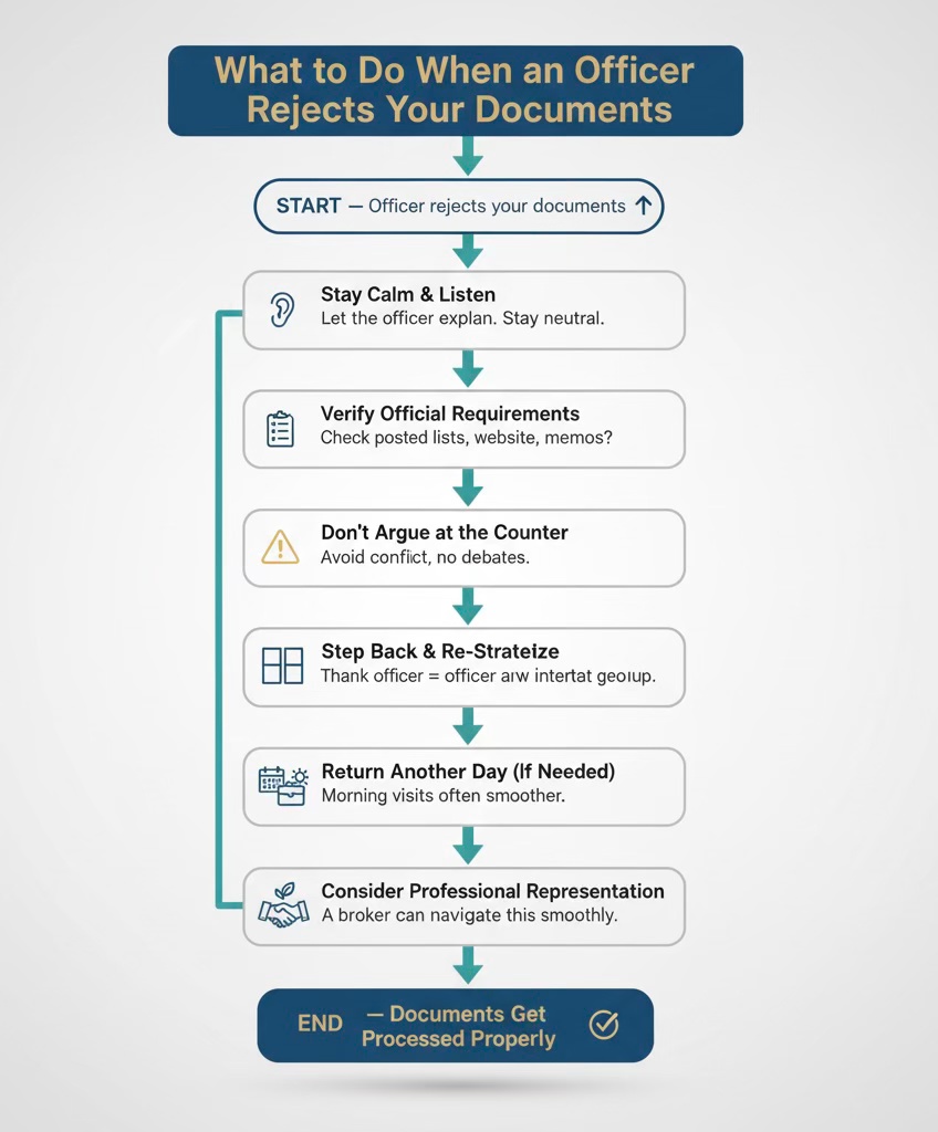 Flowchart outlining steps to take when a government officer rejects documents, including staying calm, verifying requirements, avoiding arguments, re-strategizing, returning another day, and considering professional representation.