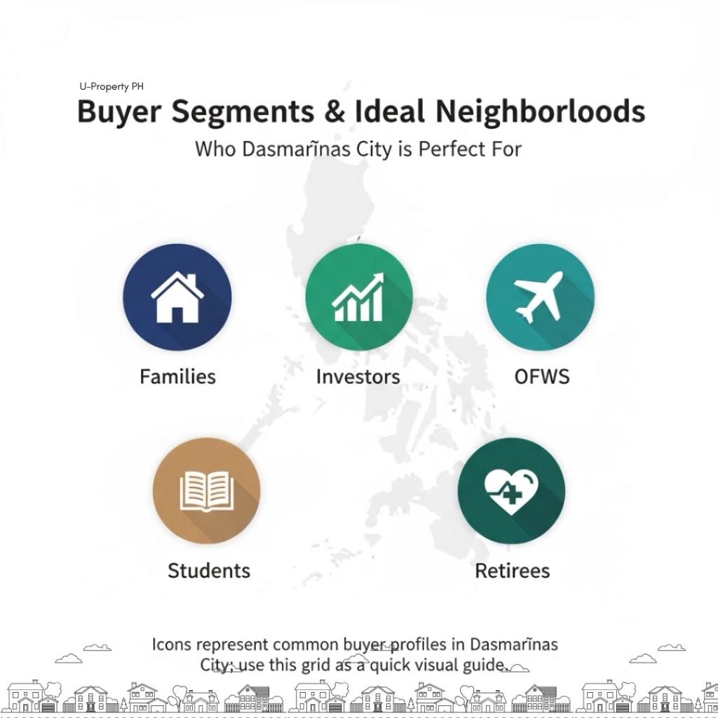 Infographic highlighting buyer segments and ideal neighborhoods in Dasmariñas City, including Families, Investors, OFWs, Students, and Retirees.