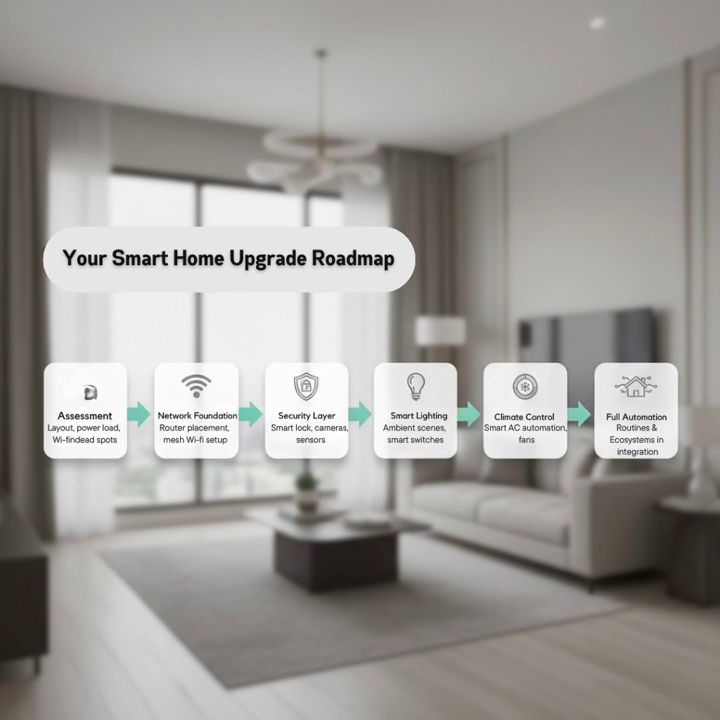 A sleek interior design of a modern condo living room featuring a cozy sofa, dark wood coffee table, and large windows letting in natural light, with an infographic on smart home upgrades presented prominently.