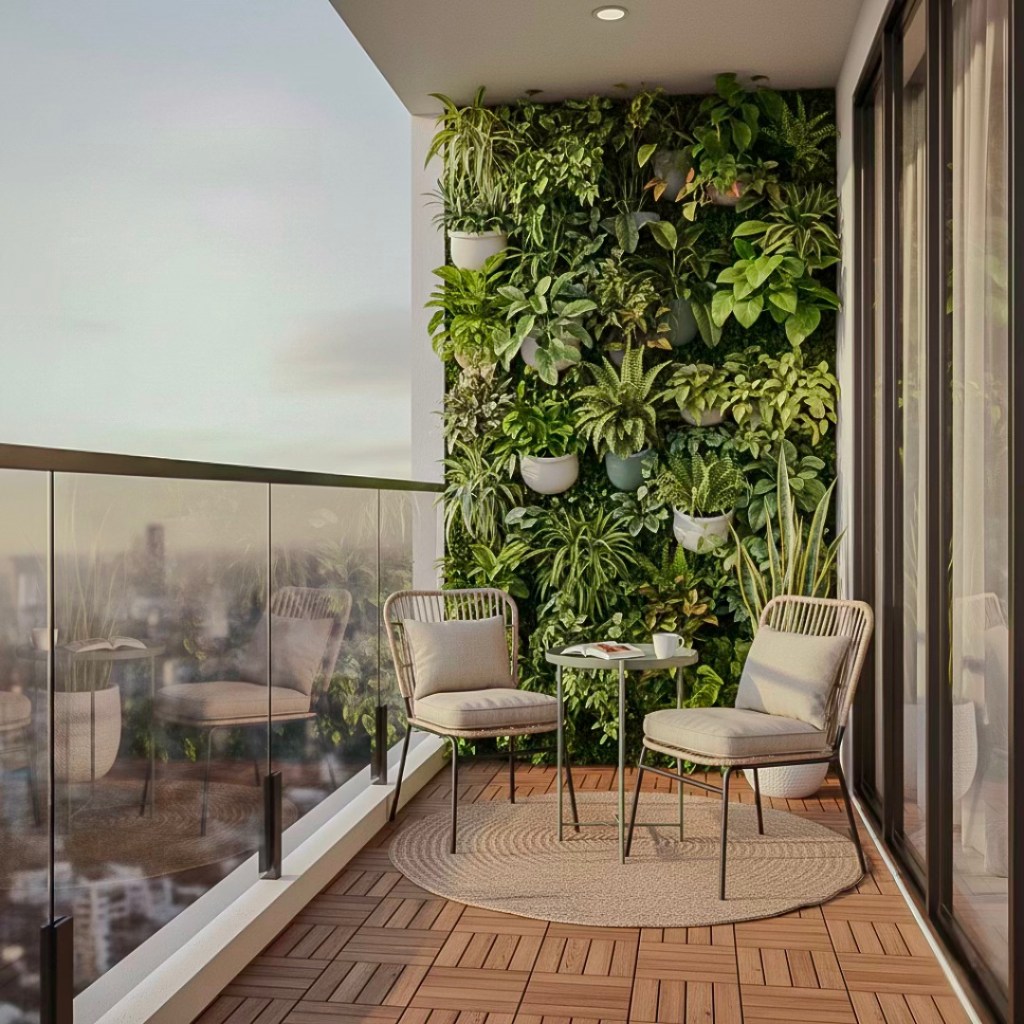 A stylish balcony with two chairs and a small table, surrounded by a lush vertical garden and a scenic view.