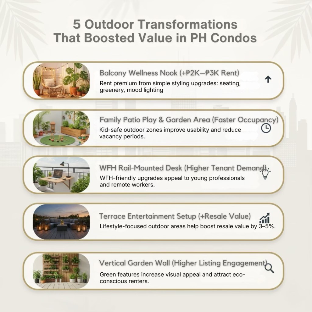 Infographic listing five outdoor transformations that boost value in Philippine condos, including balcony wellness nooks, family patio play areas, WFH rail-mounted desks, terrace entertainment setups, and vertical garden walls.