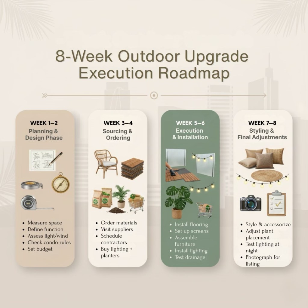 A visual roadmap outlining an 8-week plan for outdoor upgrades, divided into four phases: Planning & Design, Sourcing & Ordering, Execution & Installation, and Styling & Final Adjustments. Each phase includes specific tasks and icons representing tools, furniture, and design elements.
