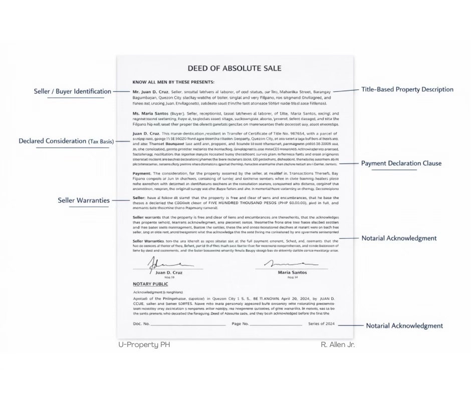 Annotated layout showing key clauses in a Philippine Deed of Sale that impact taxes, registration, and legal enforceability.