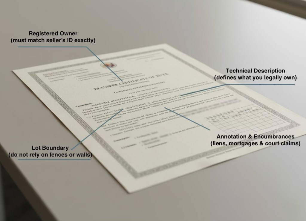 Transfer Certificate of Title document displayed on a table, featuring labeled sections that explain Registered Owner, Lot Boundary, Technical Description, and Annotation & Encumbrances.