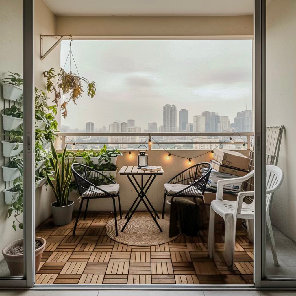 A cozy balcony with two chairs and a small table, surrounded by potted plants and a view of a city skyline under a cloudy sky.