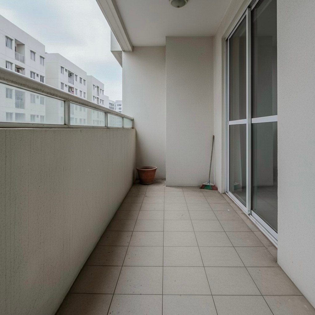 Empty balcony with tiled flooring and a flower pot, featuring a glass railing and a broom leaning against the wall.