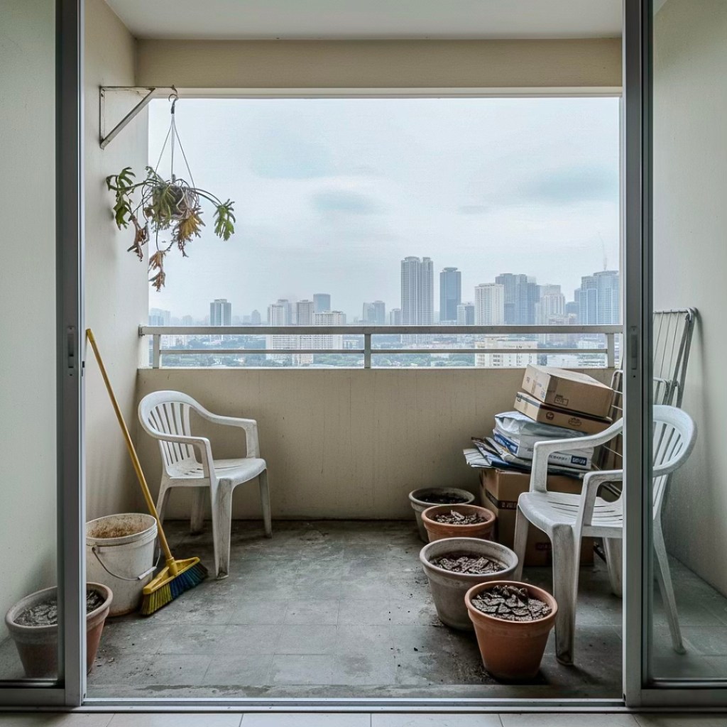 A balcony with two white plastic chairs, several potted plants, a broom, and boxes stacked on one side, overlooking a city skyline in the background.