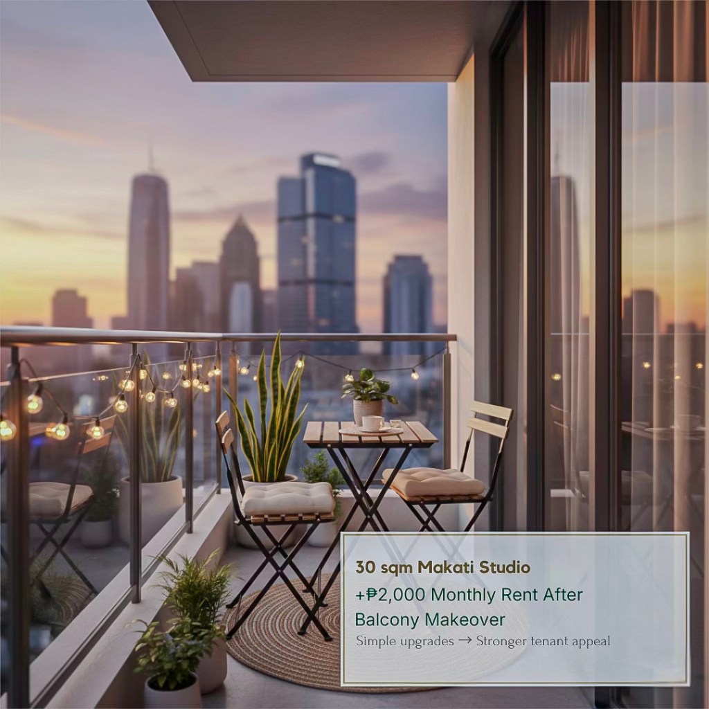 A cozy balcony in a modern Makati studio apartment, featuring a small table and chairs, decorative plants, and warm string lights, with a city skyline in the background during sunset.