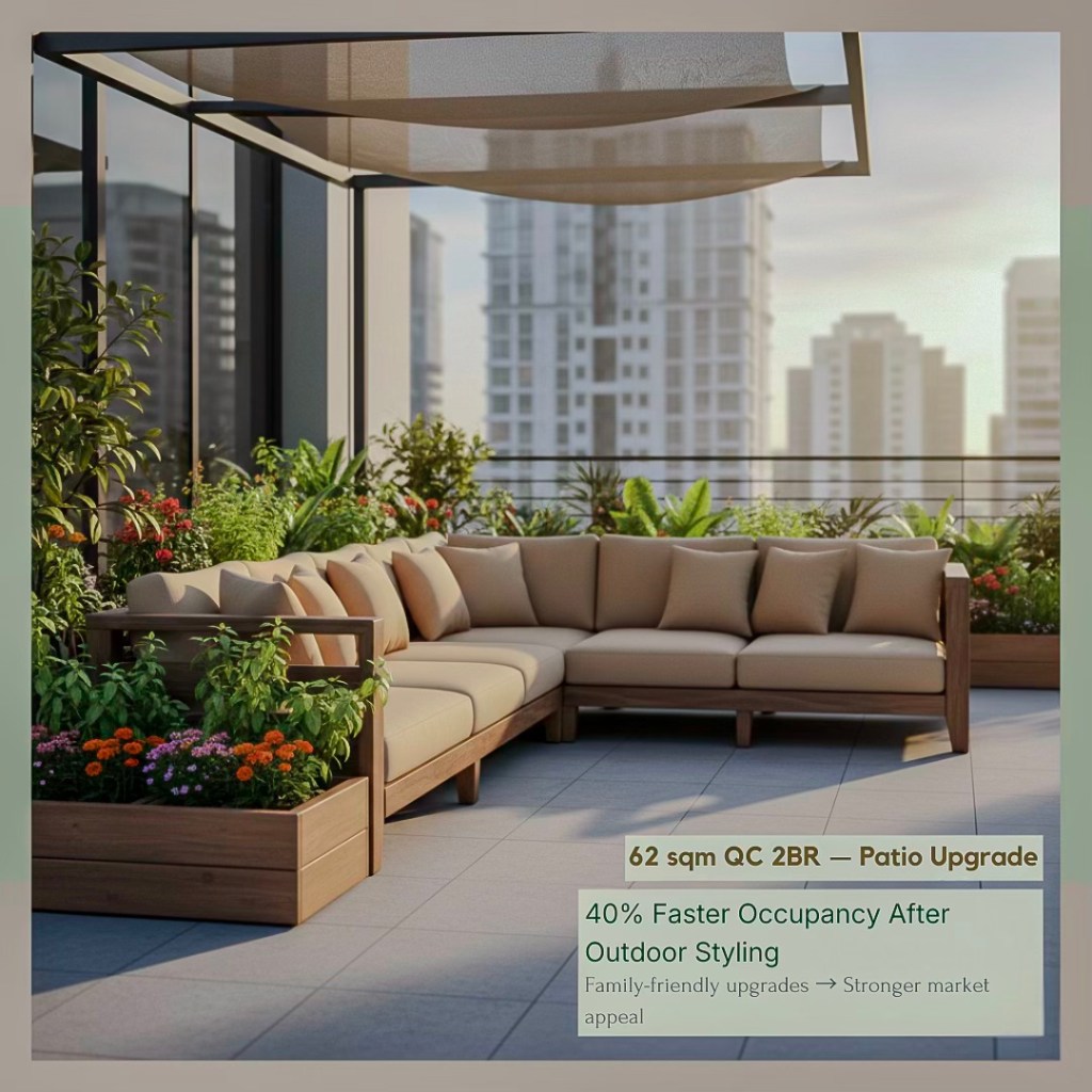 A modern patio space featuring a large, curved outdoor sofa adorned with cushions, surrounded by vibrant greenery and flowers, with high-rise buildings visible in the background.