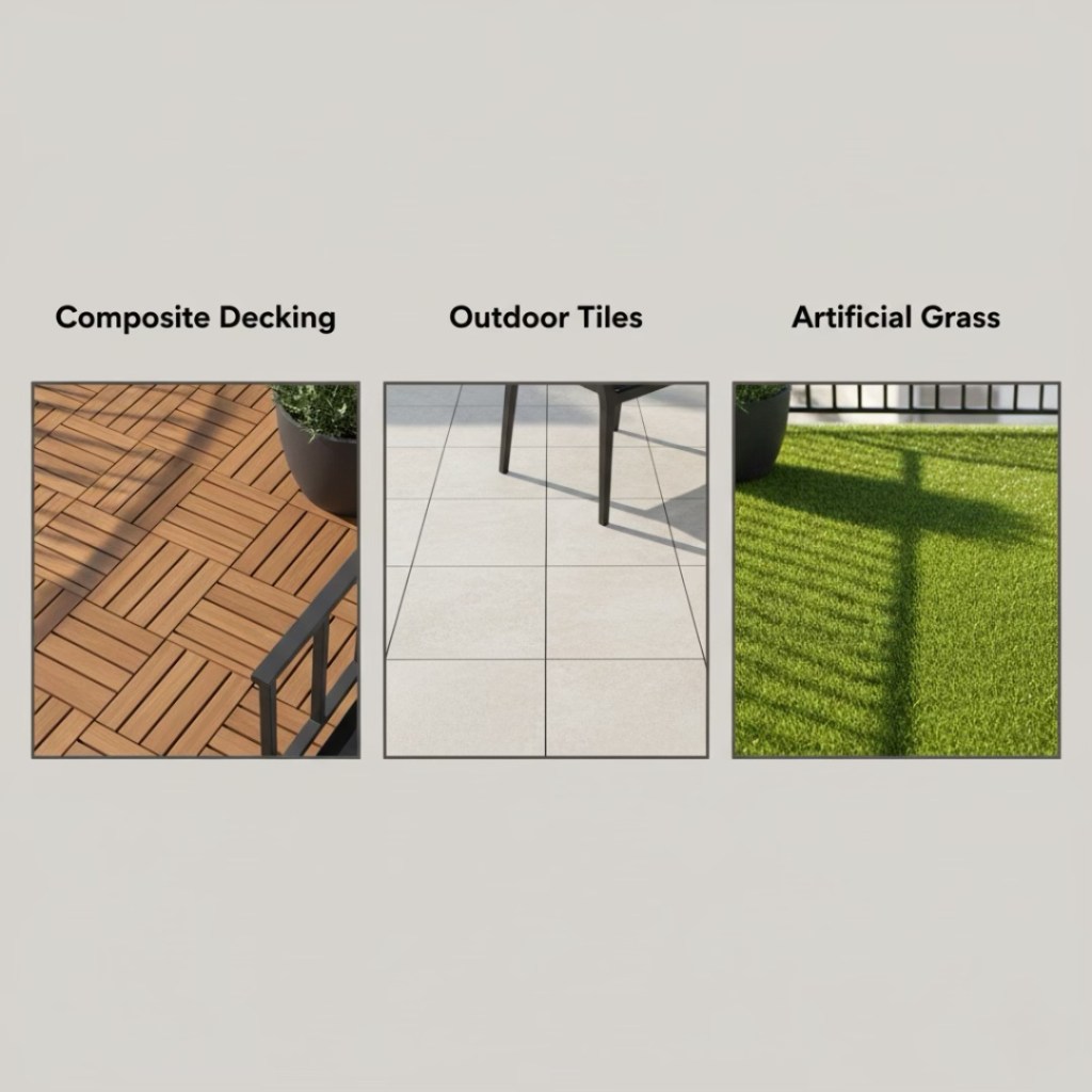 Image showcasing three outdoor flooring options: composite decking on the left, outdoor tiles in the center, and artificial grass on the right.