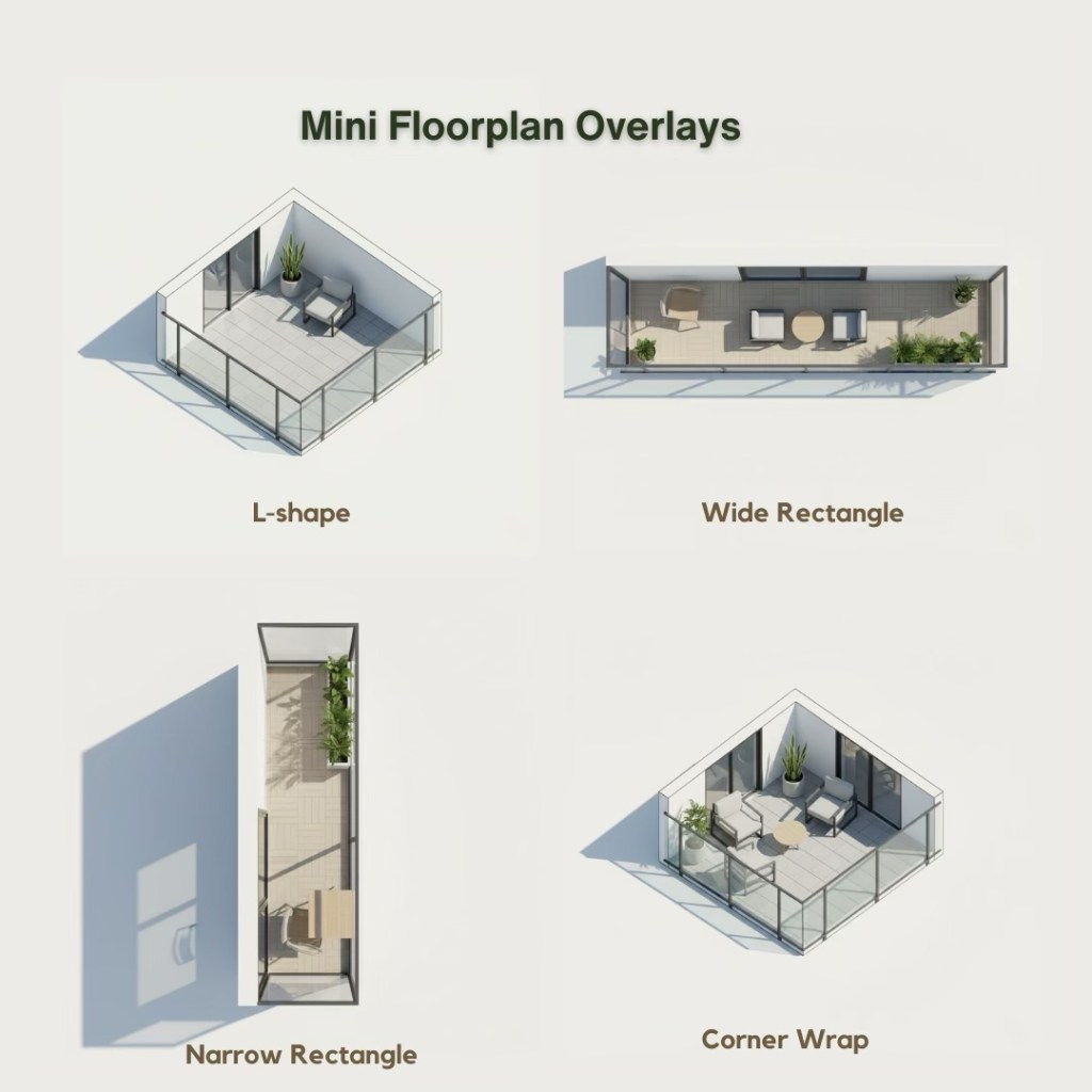 Four mini floorplan overlays labeled L-shape, Wide Rectangle, Narrow Rectangle, and Corner Wrap, illustrating different layout designs.