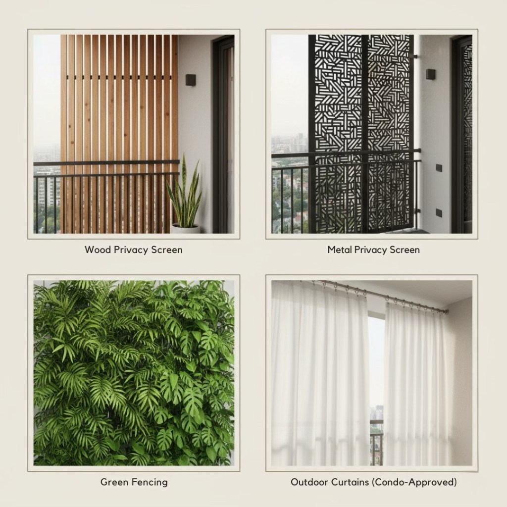 Wood privacy screen on a balcony with greenery in a pot.
