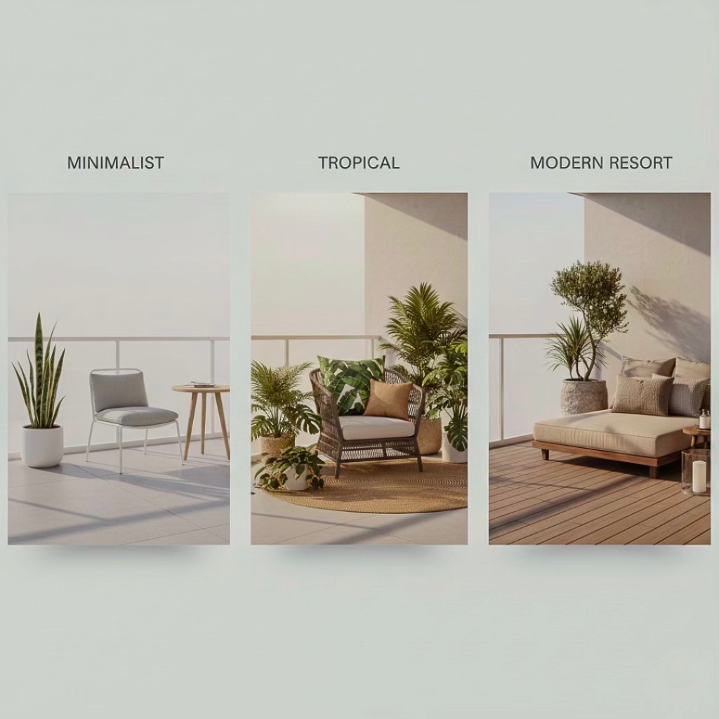 Three styled balcony setups showcasing different designs: the left features a minimalist chair and potted plant, the center showcases a tropical seating area with greenery and cushions, and the right displays a modern resort-inspired lounging space with a large outdoor sofa.