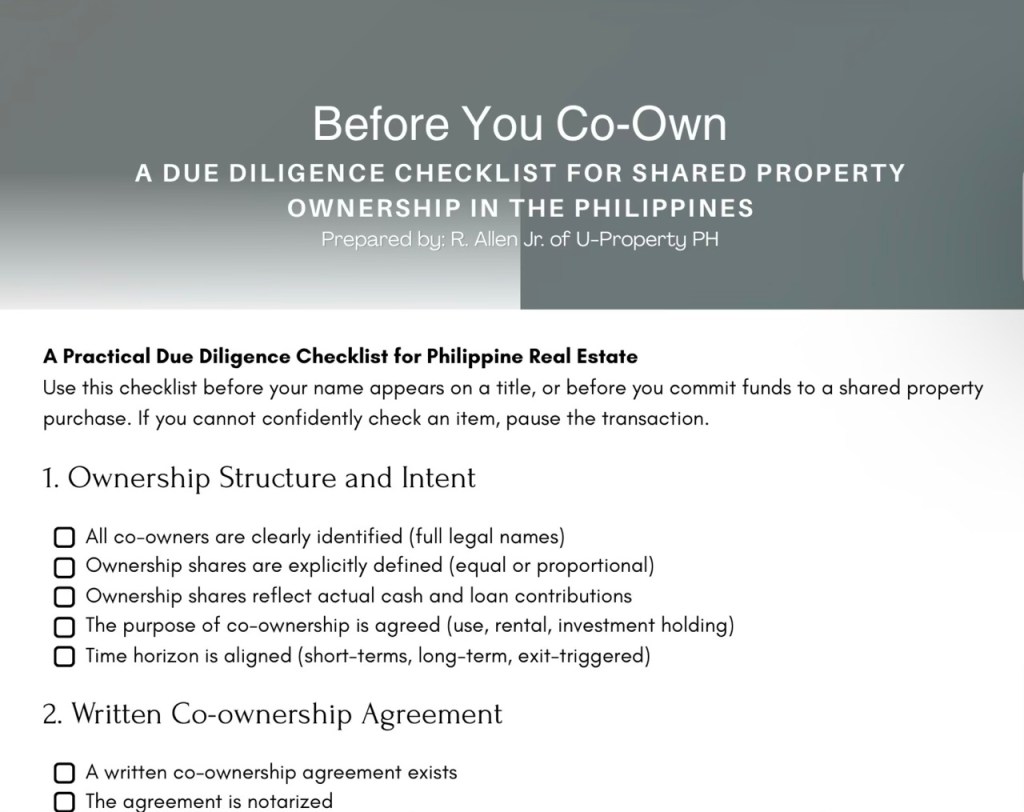 A due diligence checklist for shared property ownership in the Philippines, covering ownership structure, intent, and co-ownership agreement requirements.