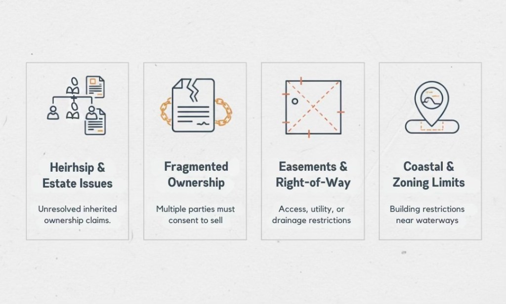 Infographic illustrating property ownership issues, including Heirship & Estate Issues, Fragmented Ownership, Easements & Right-of-Way, and Coastal & Zoning Limits.