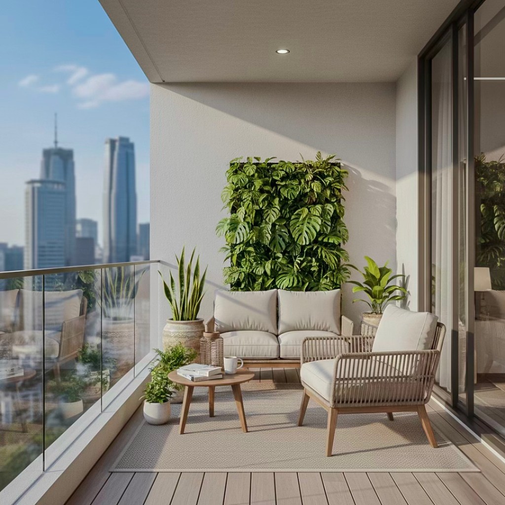 A modern balcony with a cozy seating area featuring a sofa and a chair, surrounded by various potted plants and a vertical garden, with a city skyline in the background.