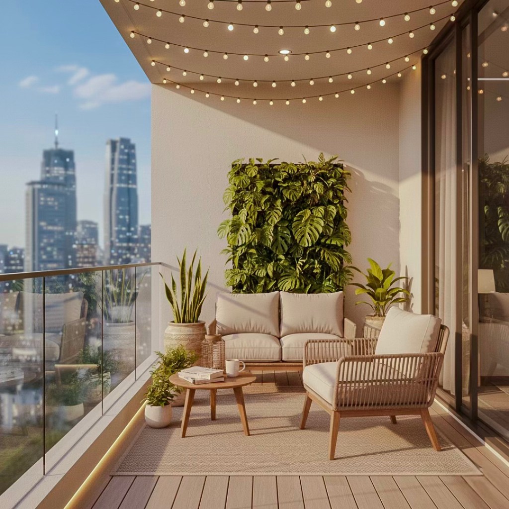 Balcony with cozy seating, decorative plants, and string lights, overlooking a city skyline.