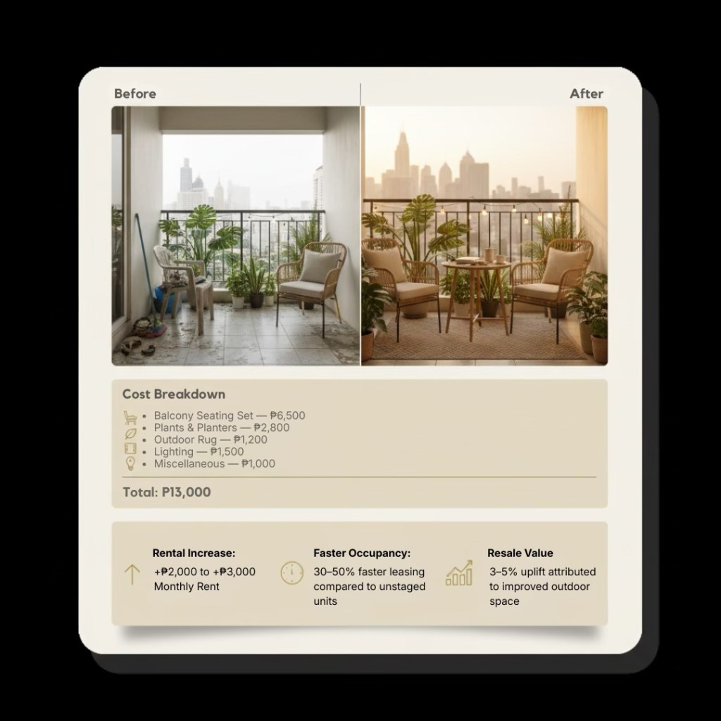 Comparison of a balcony before and after renovation, showing a transformation from a cluttered space to a stylish, plant-filled area with seating. Includes a cost breakdown and benefits related to rental increase and occupancy speed.