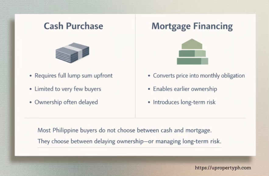 A comparison chart illustrating cash purchase and mortgage financing, highlighting their differences. The 'Cash Purchase' side states: requires full lump sum upfront, limited to very few buyers, and ownership often delayed. The 'Mortgage Financing' side states: converts price into monthly obligation, enables earlier ownership, and introduces long-term risk. A note below reads: most Philippine buyers do not choose between cash and mortgage; they choose between delaying ownership or managing long-term risk.