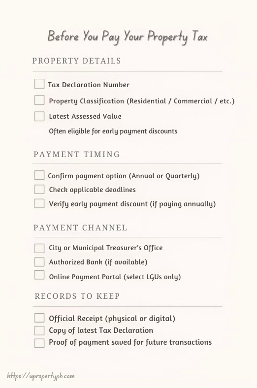 Checklist for paying property tax including sections for property details, payment timing, payment channels, and records to keep.